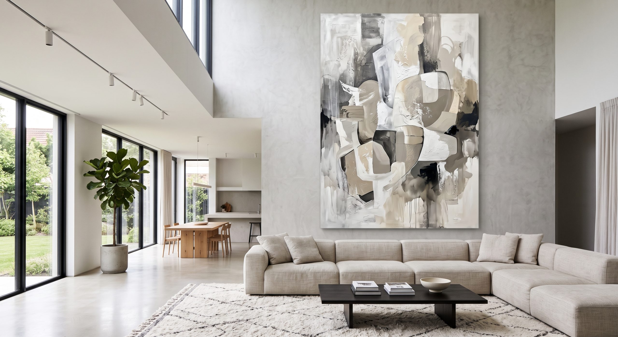 Large open-plan living room with one oversized abstract artwork dominating a tall wall