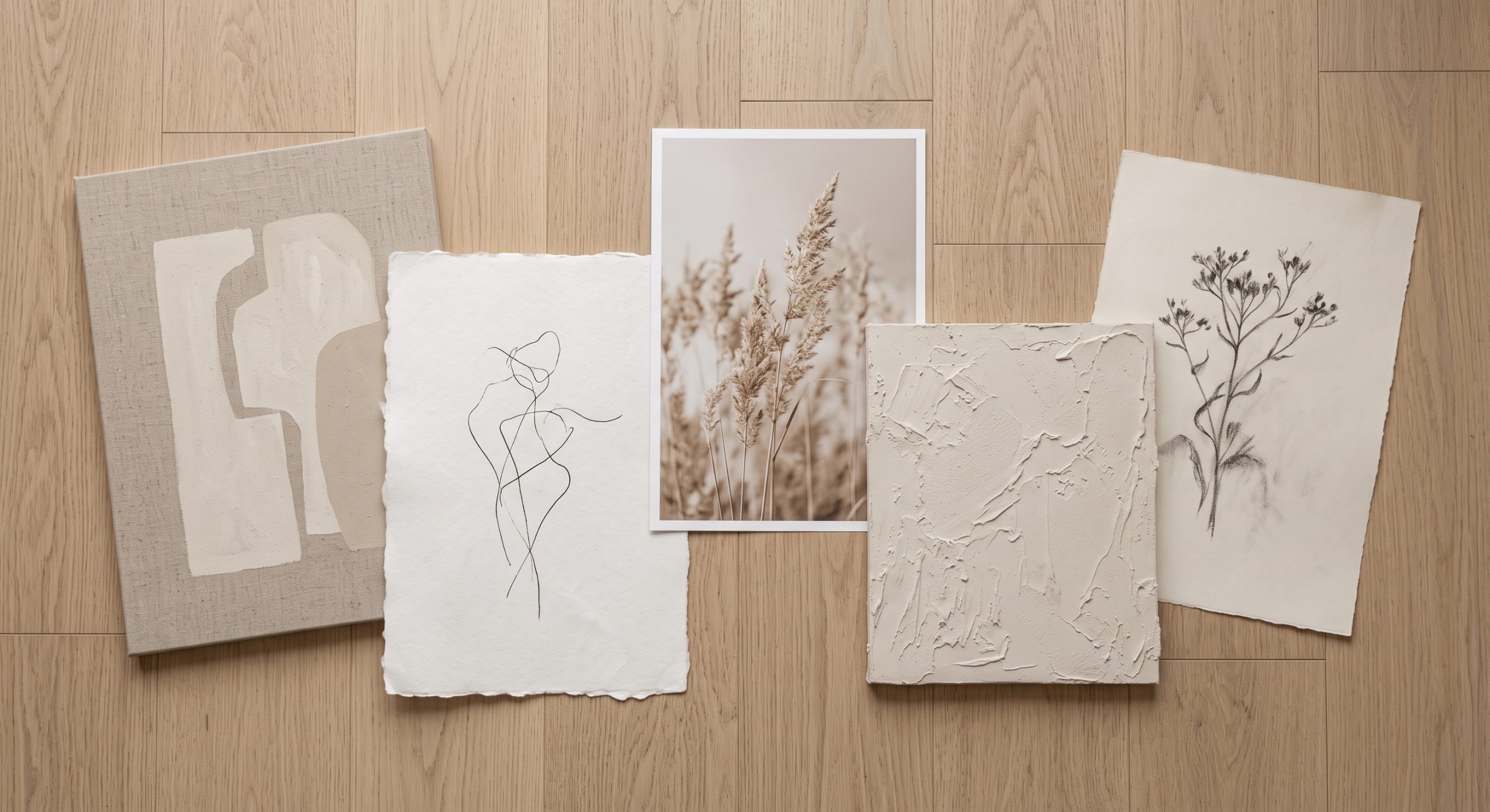 Flat lay of five different unframed artworks laid out on a floor before hanging