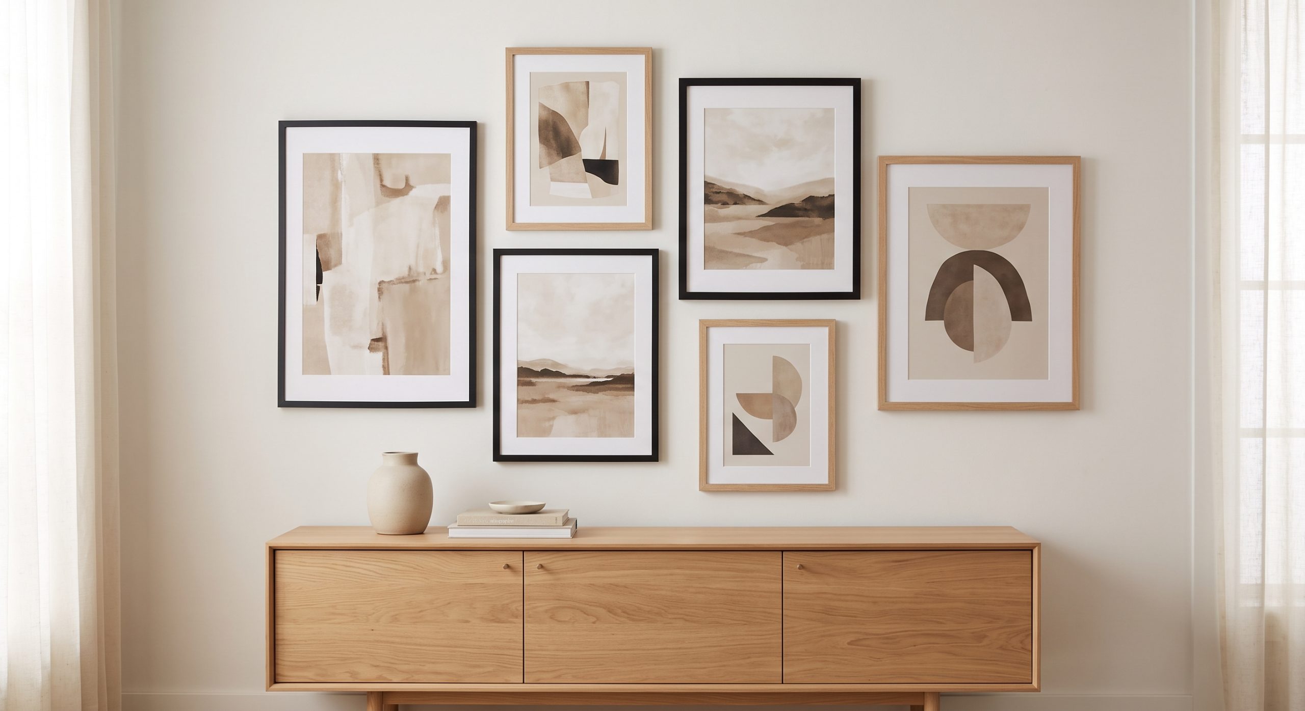 A finished gallery wall of six cohesive pieces above a console table