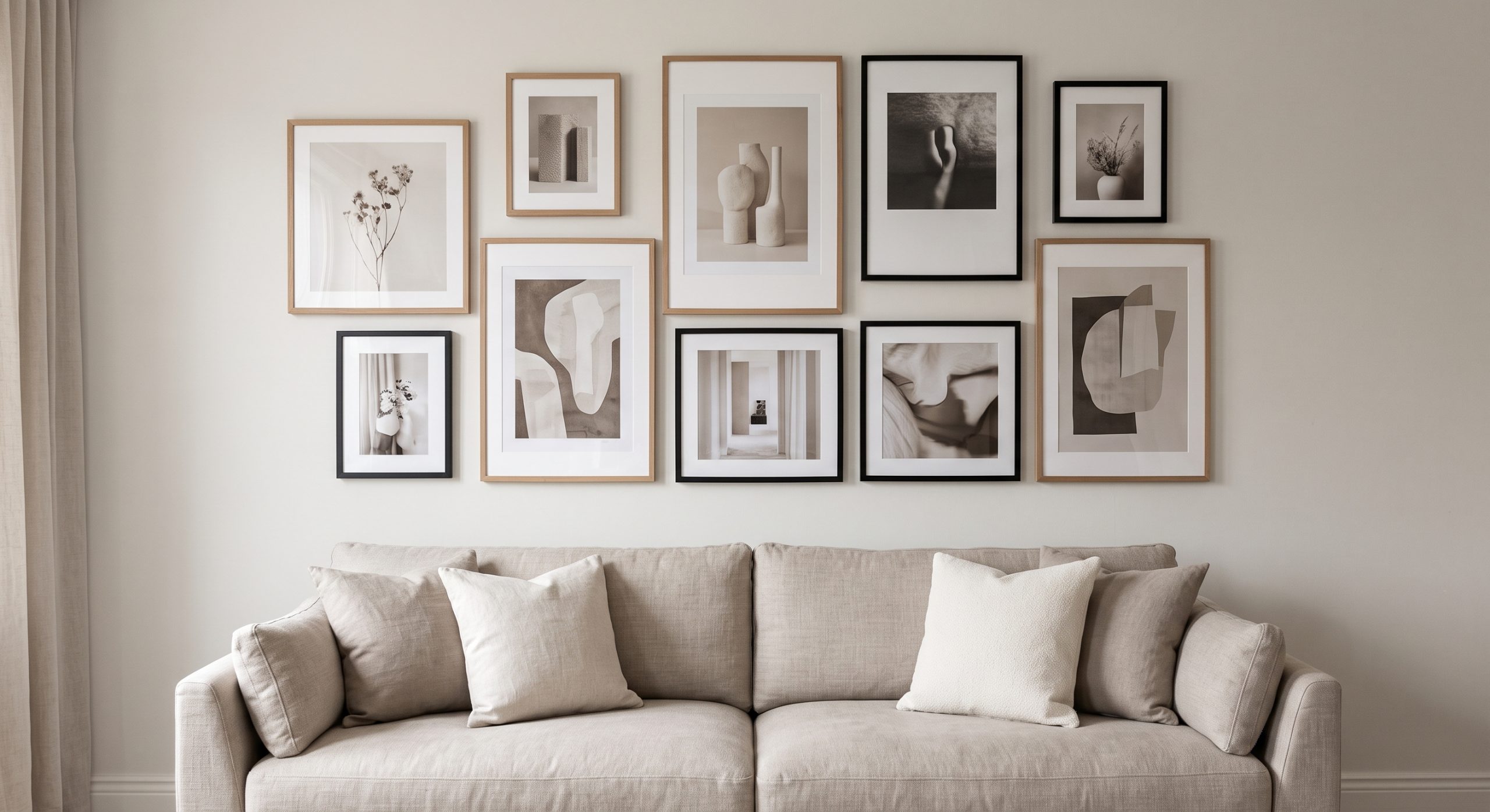 A fuller gallery wall of nine mixed-size artworks in neutral tones, densely but neatly arranged
