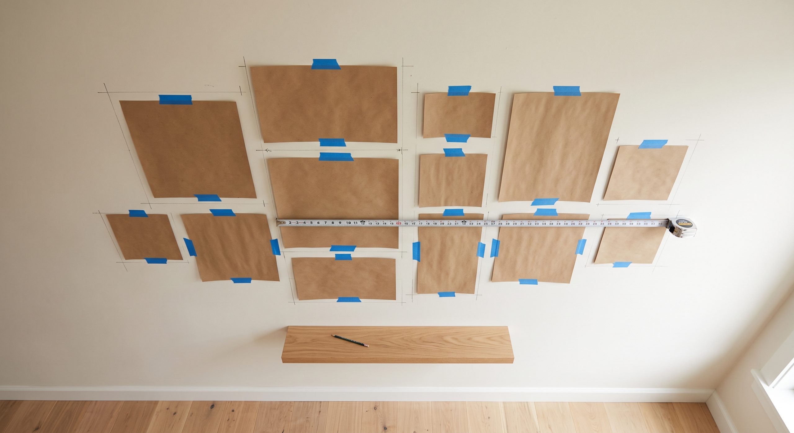 Overhead view of paper templates taped to a wall in a gallery wall arrangement