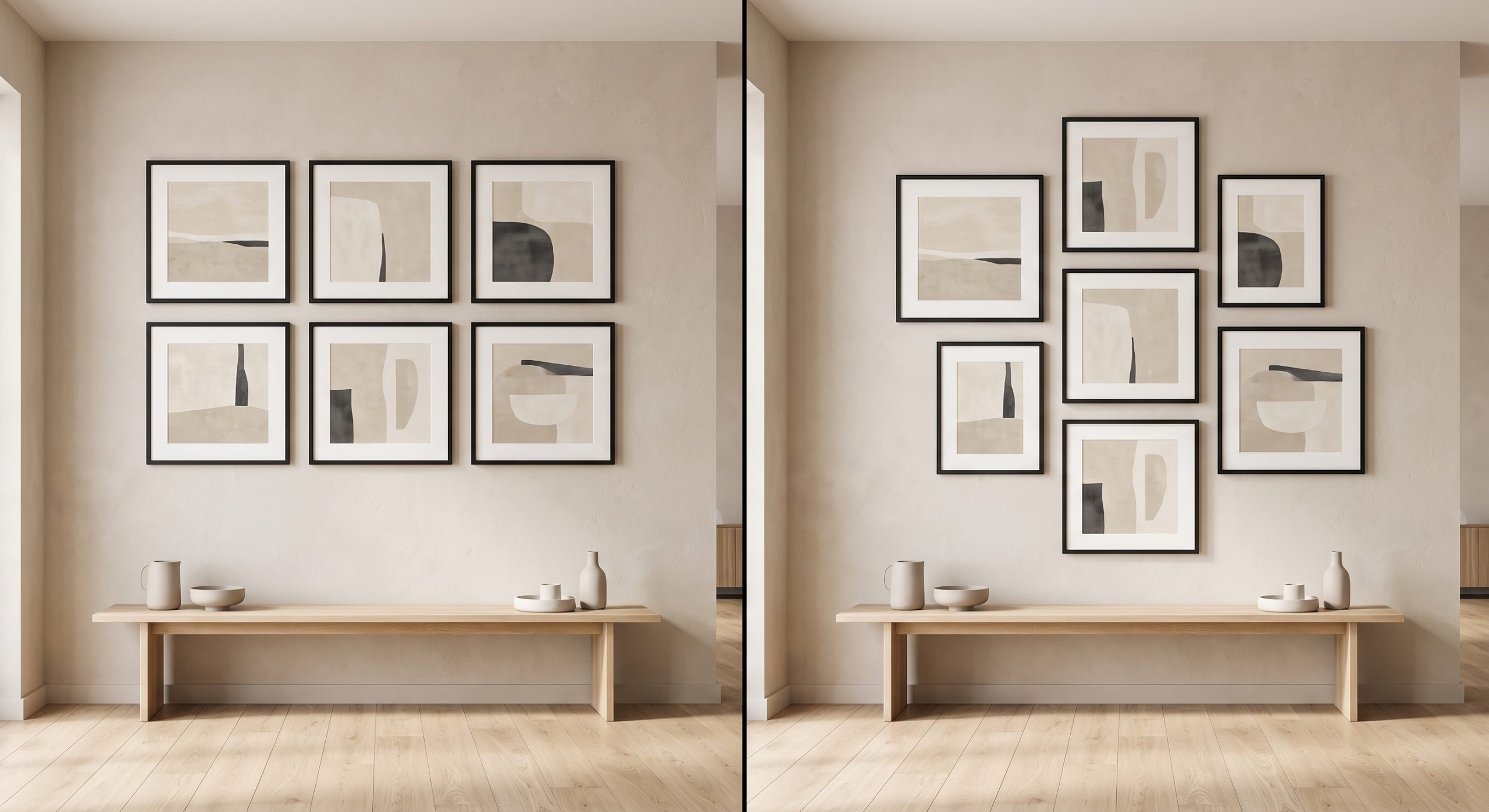 Split scene showing a precise even grid on the left and a loosely staggered organic layout on the right