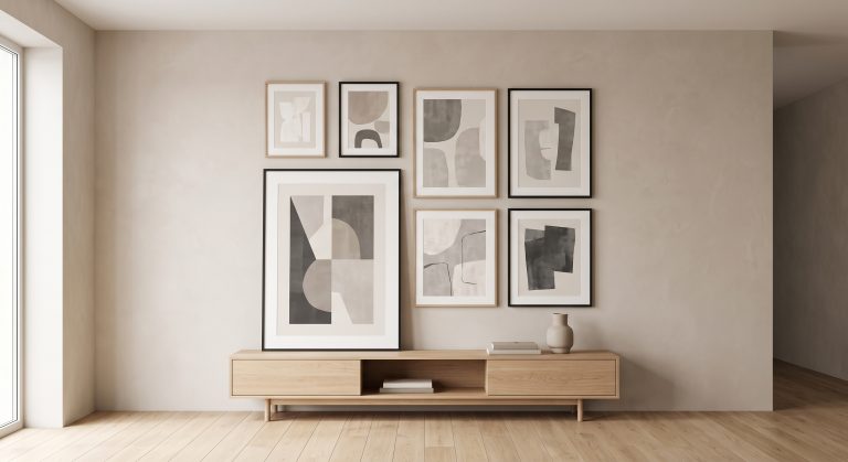 Gallery wall using a single cohesive colour scheme of warm ivory, sand and clay tones