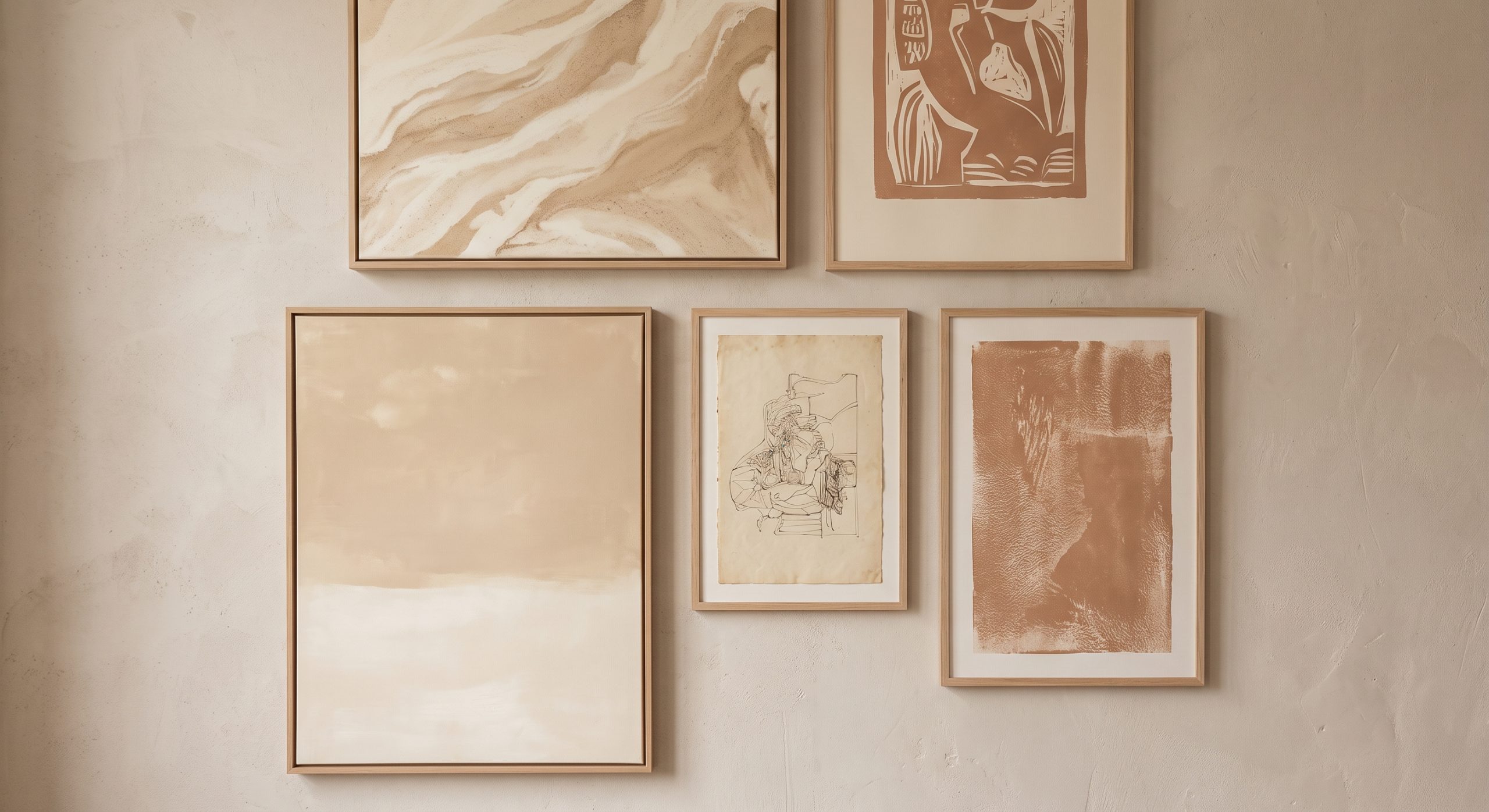 A black and white gallery wall scheme with varied line art and photography and crisp white mats