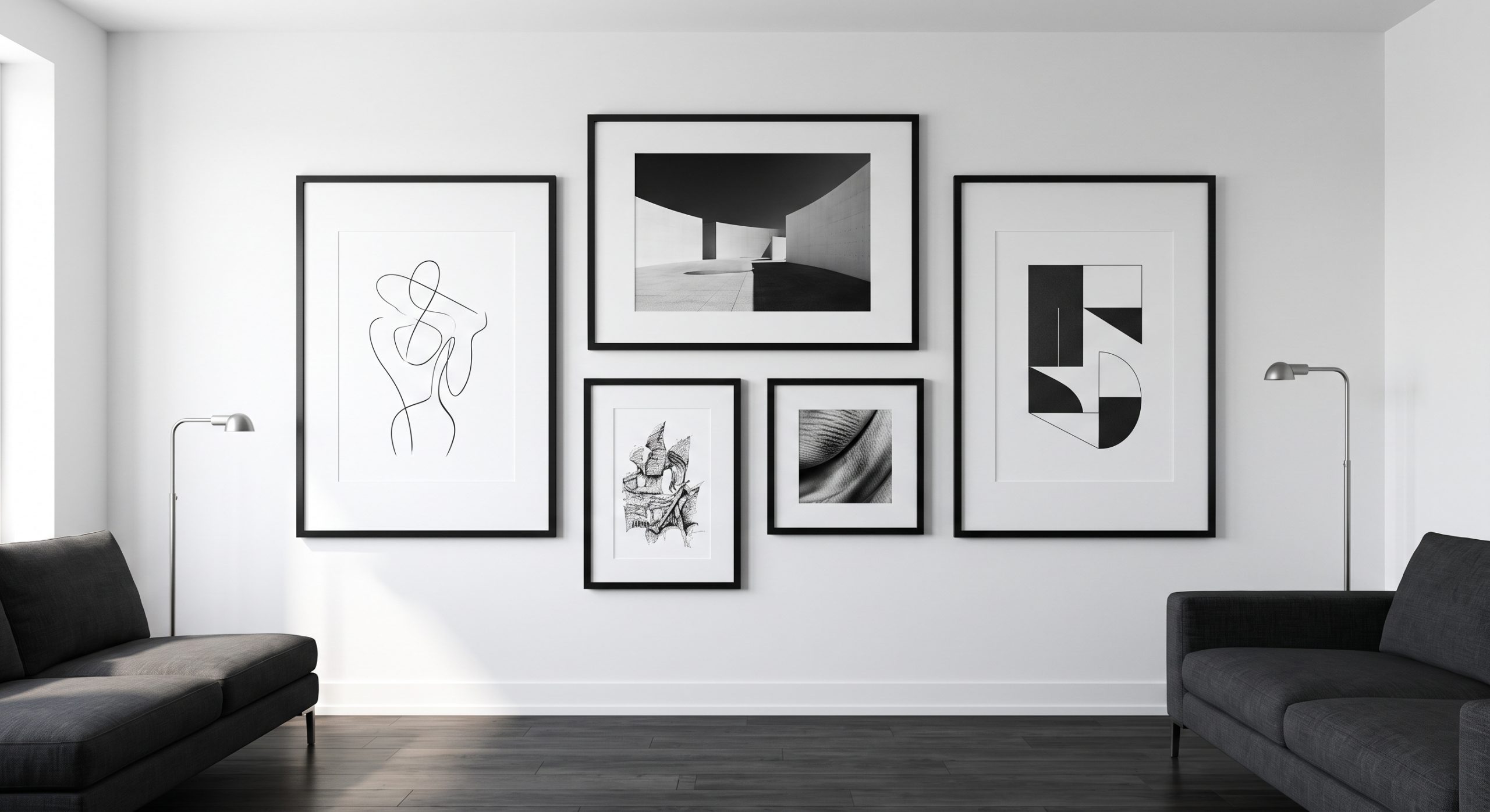 A neutral gallery wall with one small artwork carrying a muted sage green accent