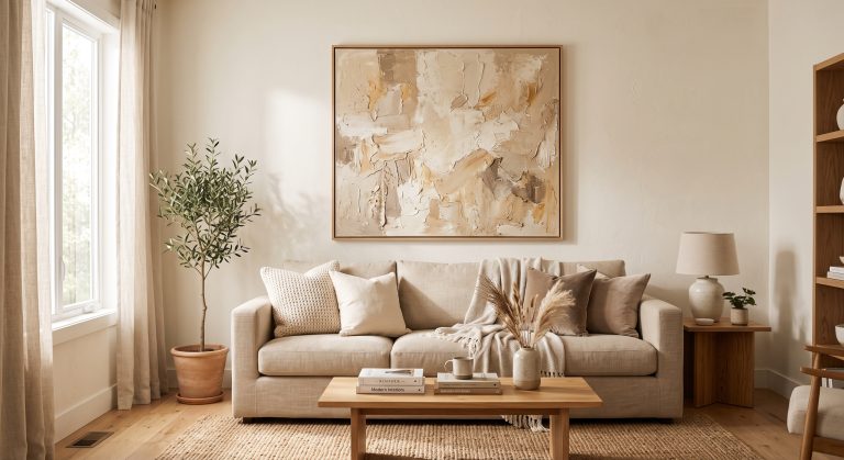 Large abstract artwork hung above a sofa at the correct scale