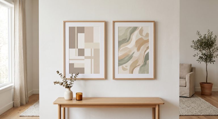 Geometric and organic abstract art displayed side by side