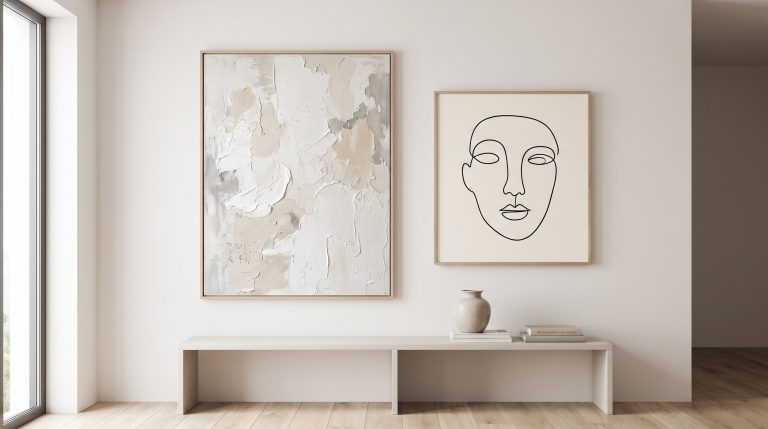 Abstract and contemporary line art displayed together on a gallery wall