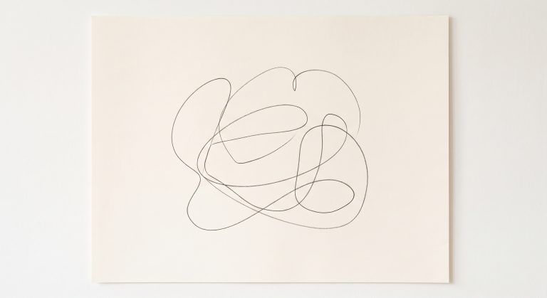 Minimalist continuous line art with one unbroken charcoal line forming a flowing abstract shape