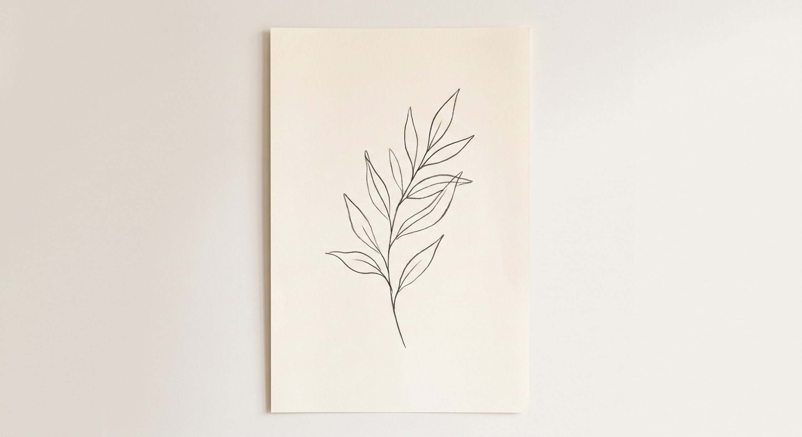 Minimalist botanical line drawing of a single leafy branch in fine charcoal line on cream paper