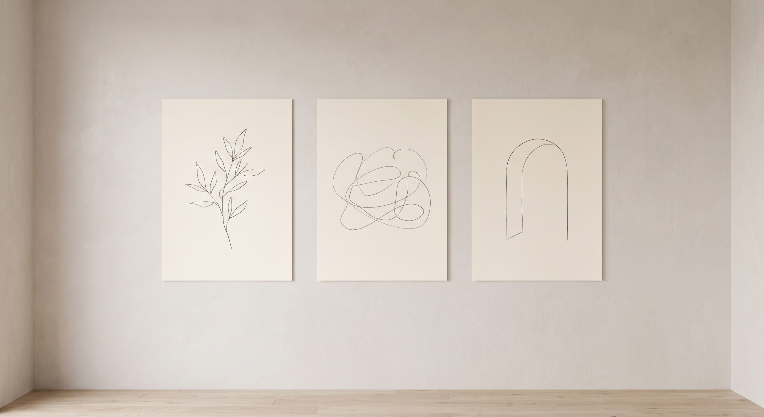 Three unframed line art pieces hung in a row on a plaster wall: a botanical branch, a flowing form and an arch