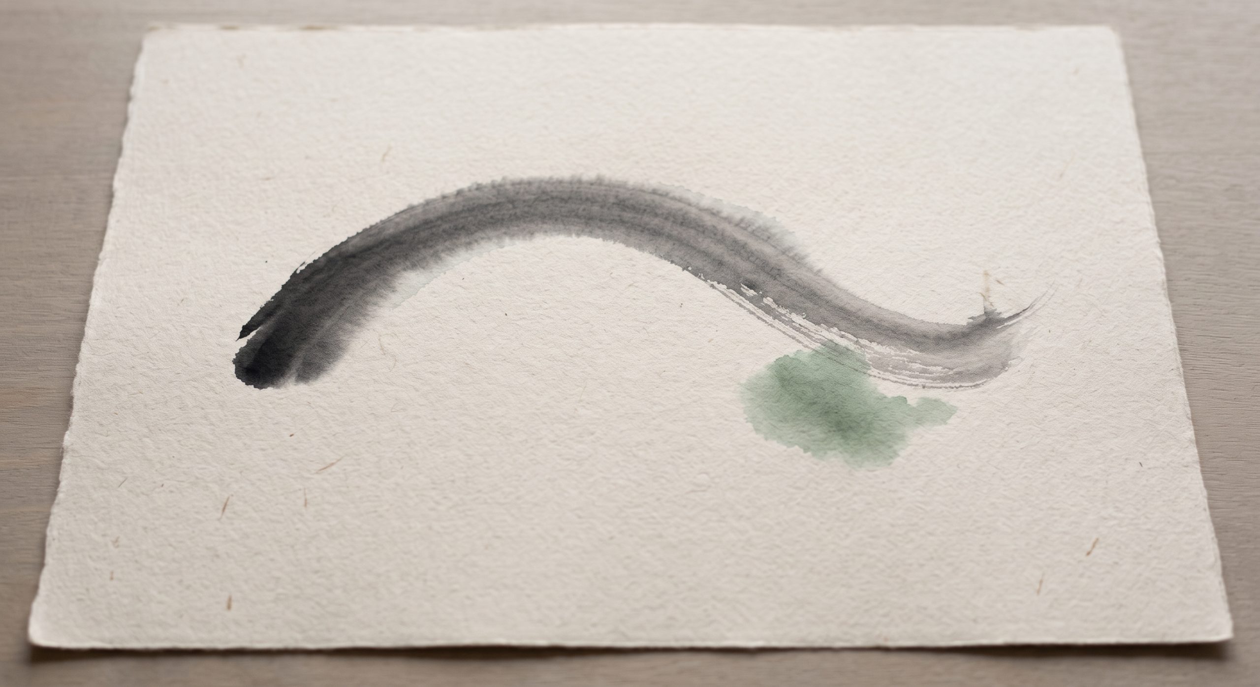 Organic abstract artwork inspired by ink-wash painting with a sweeping charcoal arc on oatmeal ground