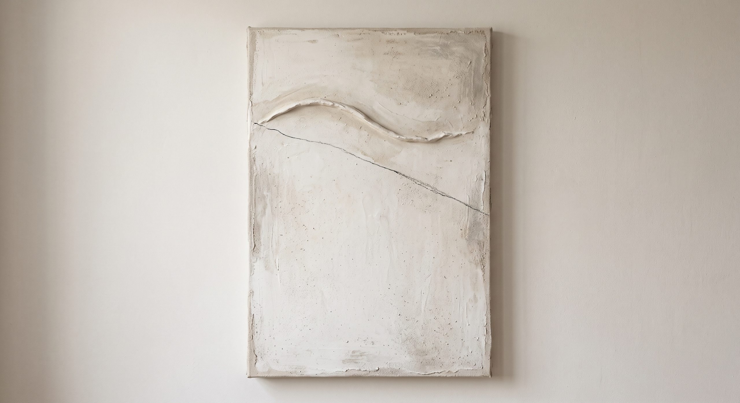 Textured mineral abstract artwork in ivory and stone tones with a single thin charcoal line