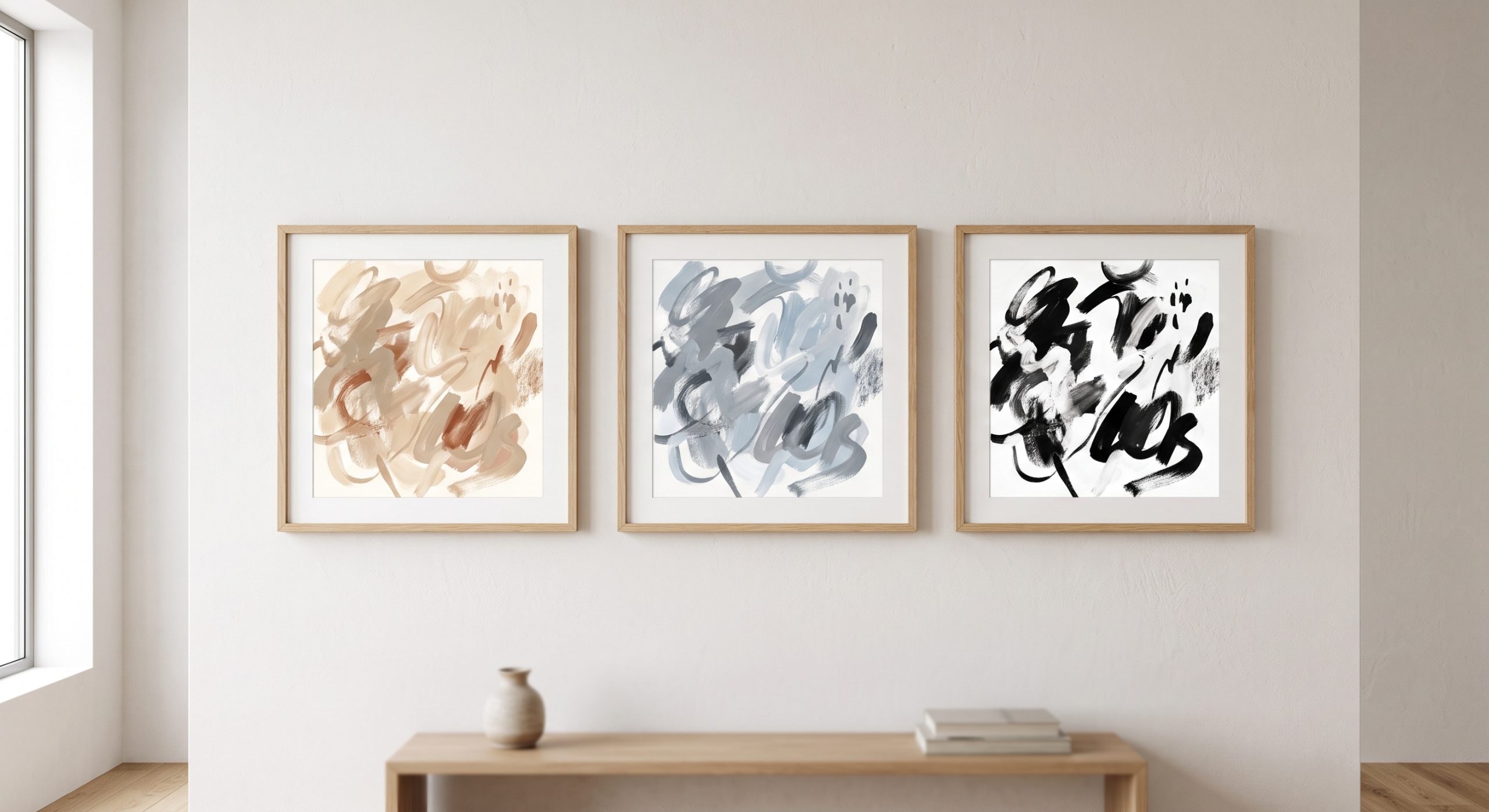 The same abstract composition shown in three different colour palettes