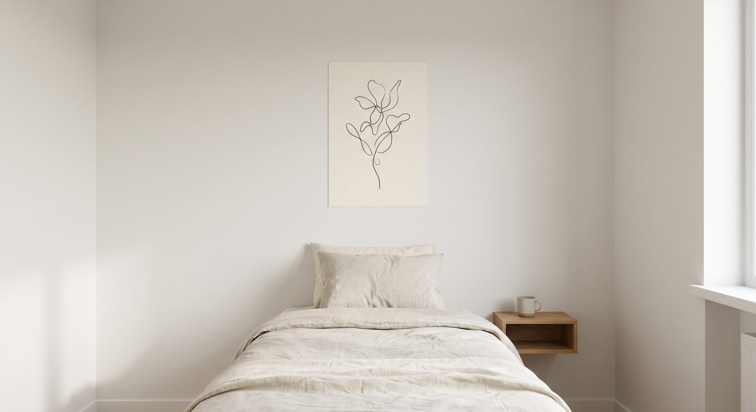 Small calm bedroom with a single delicate line art piece centred above a narrow linen bed