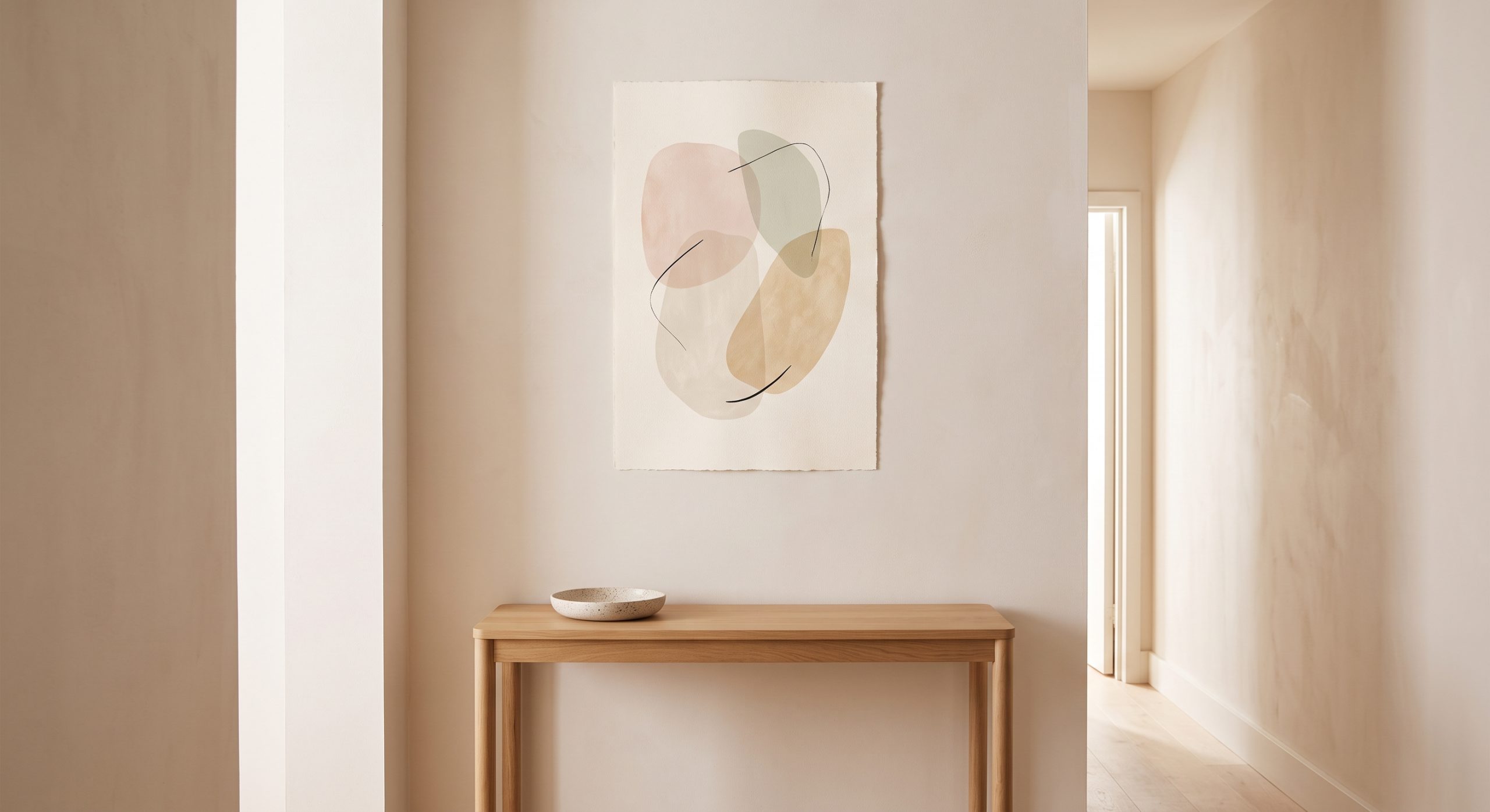 Narrow entryway with a slim oak console and one light abstract minimalist artwork above