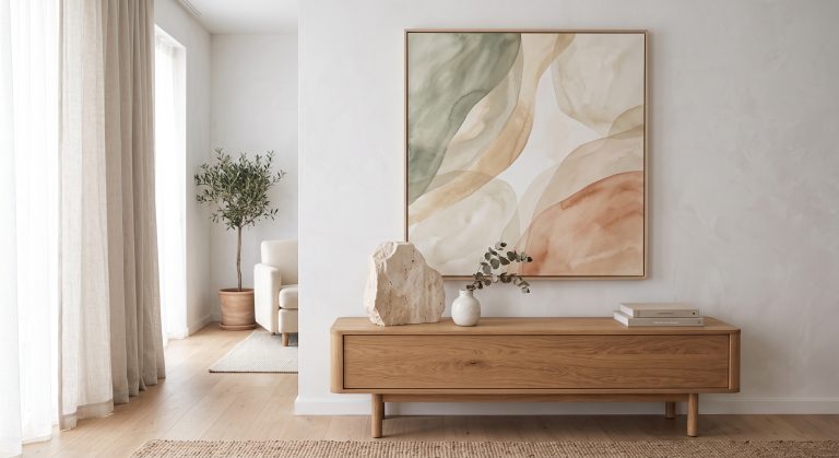 Organic abstract artwork with flowing curved forms in a calm neutral interior