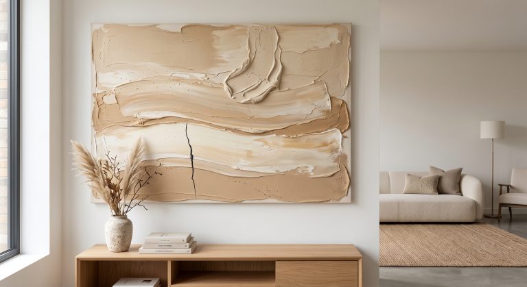 Textured beige abstract artwork above a console table in a neutral living room