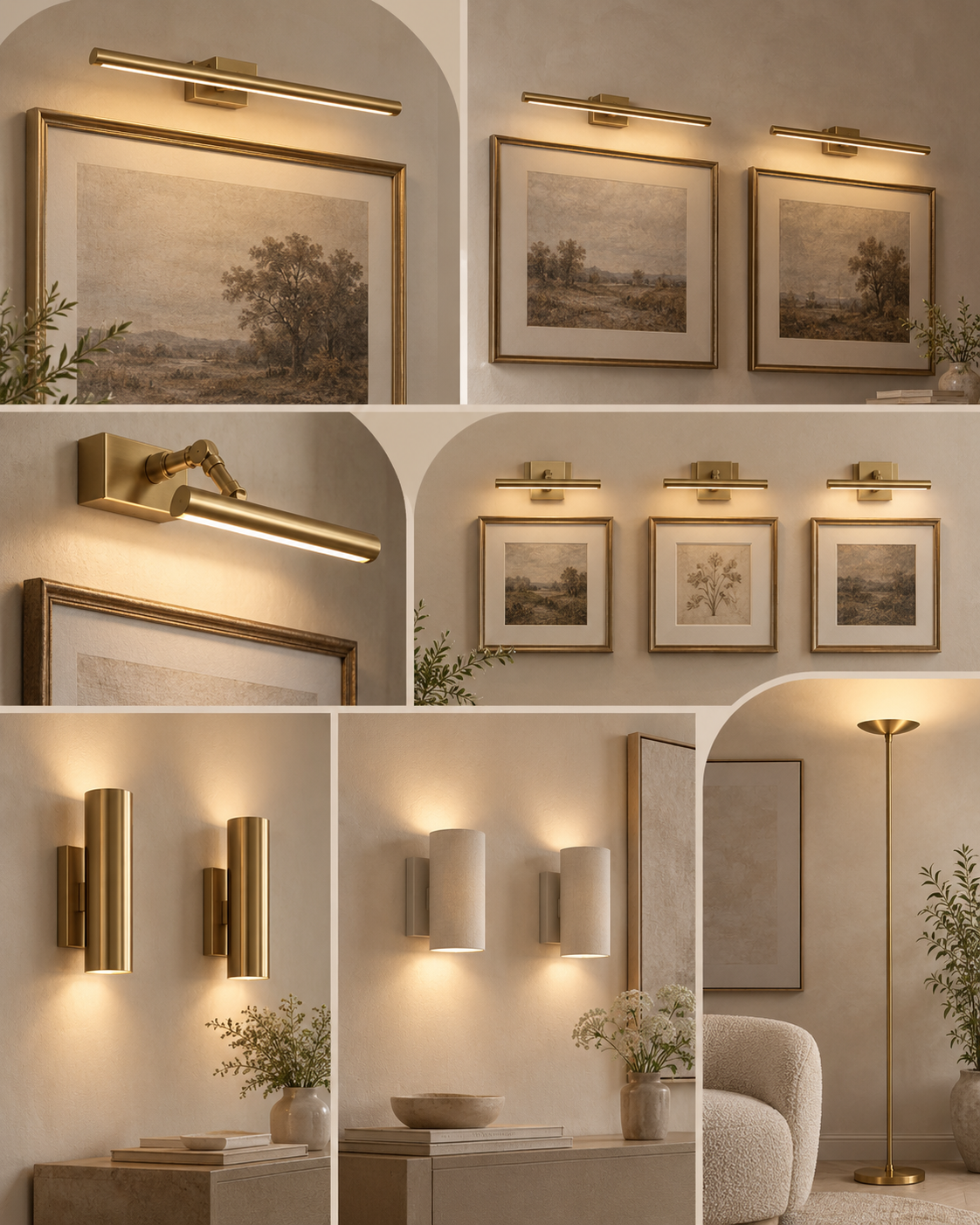 Collage of wireless picture lights, wall sconces and uplighting styles for artwork