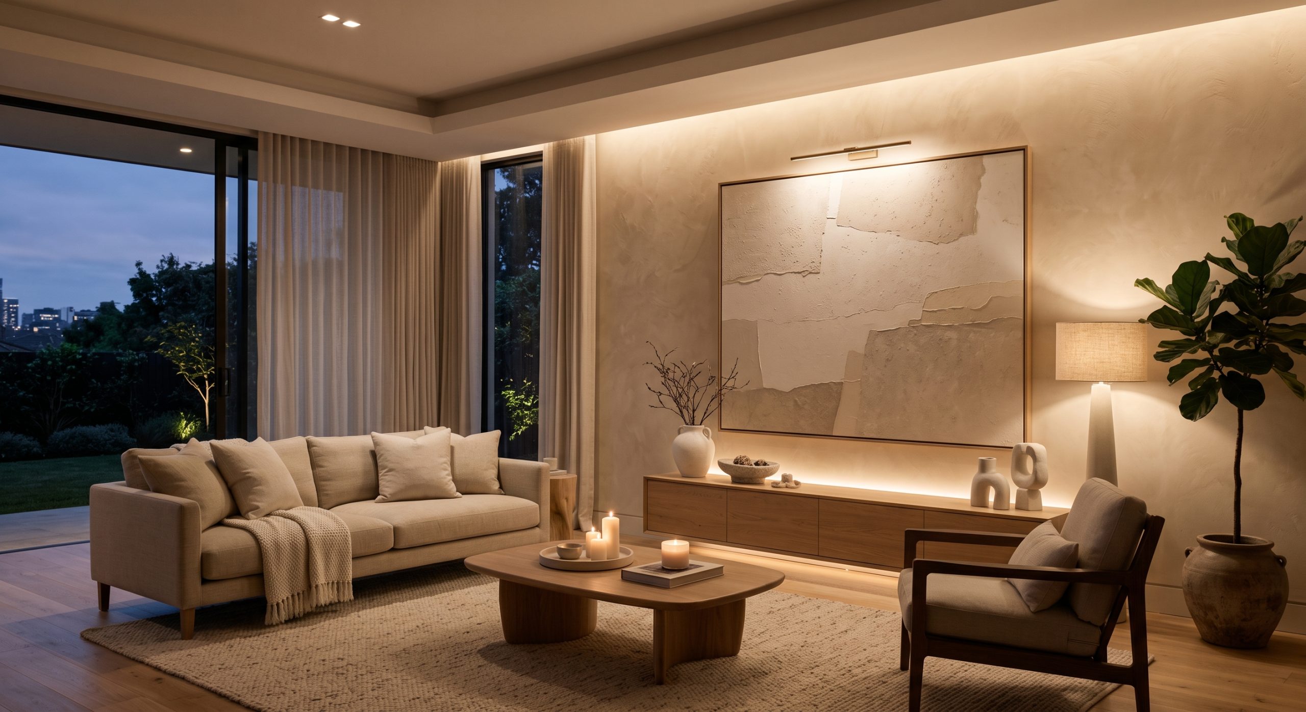 Ambient uplighting around large wall artwork in a modern neutral living room