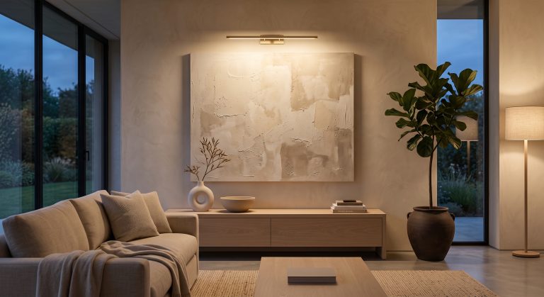 Wireless picture light illuminating neutral abstract artwork in a modern living room