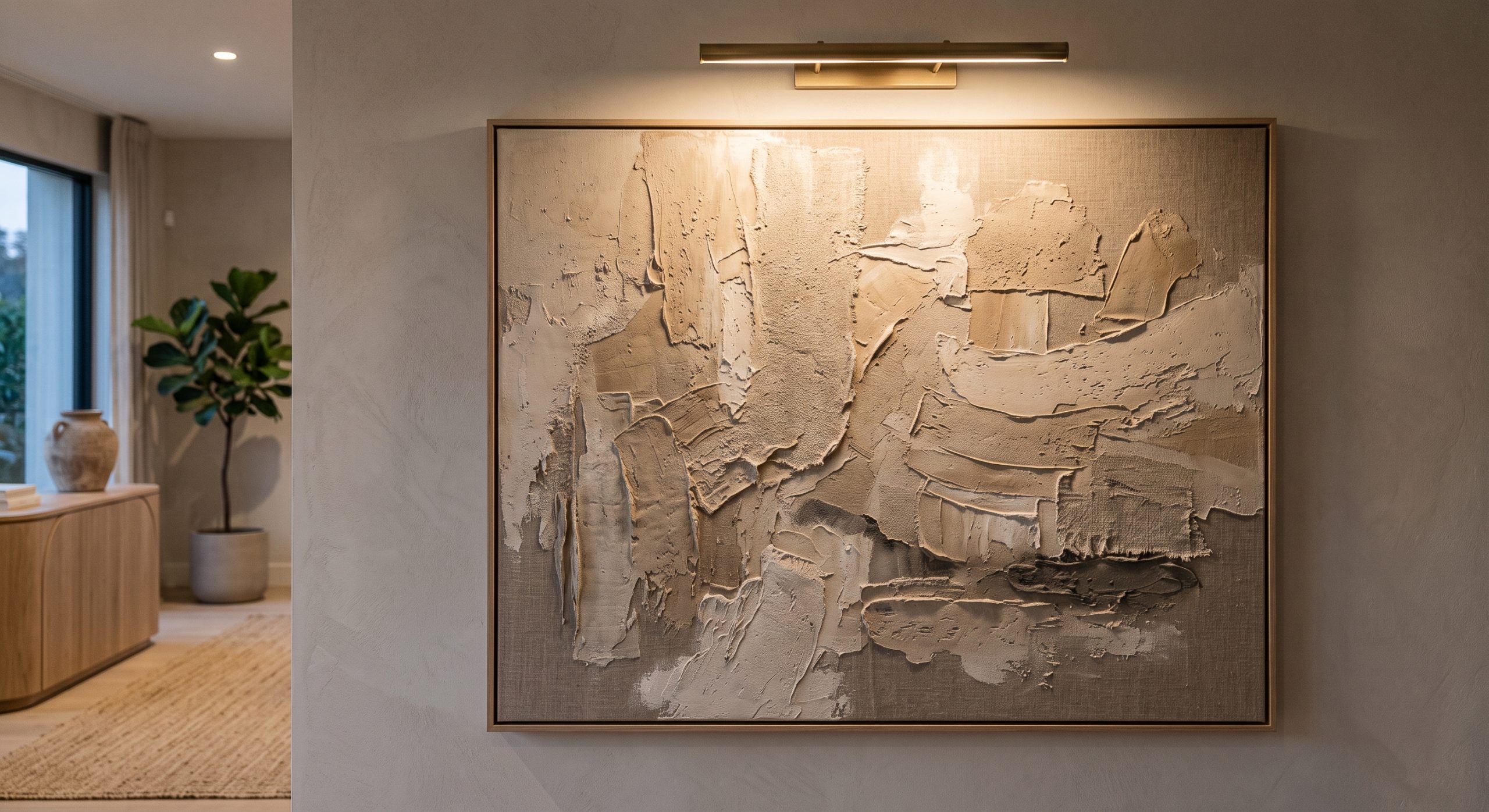 Directional picture lighting revealing texture in neutral abstract wall art