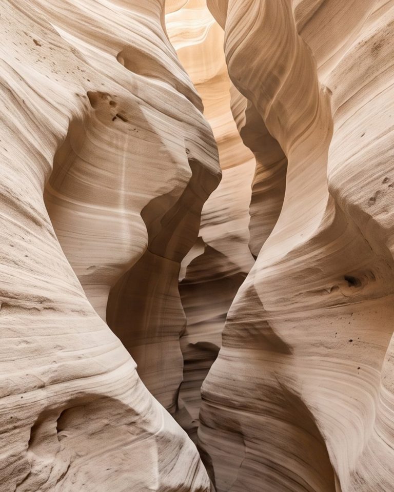 Canyon Passage, a portrait digital artwork looking up through curved, banded sandstone canyon walls towards warm light