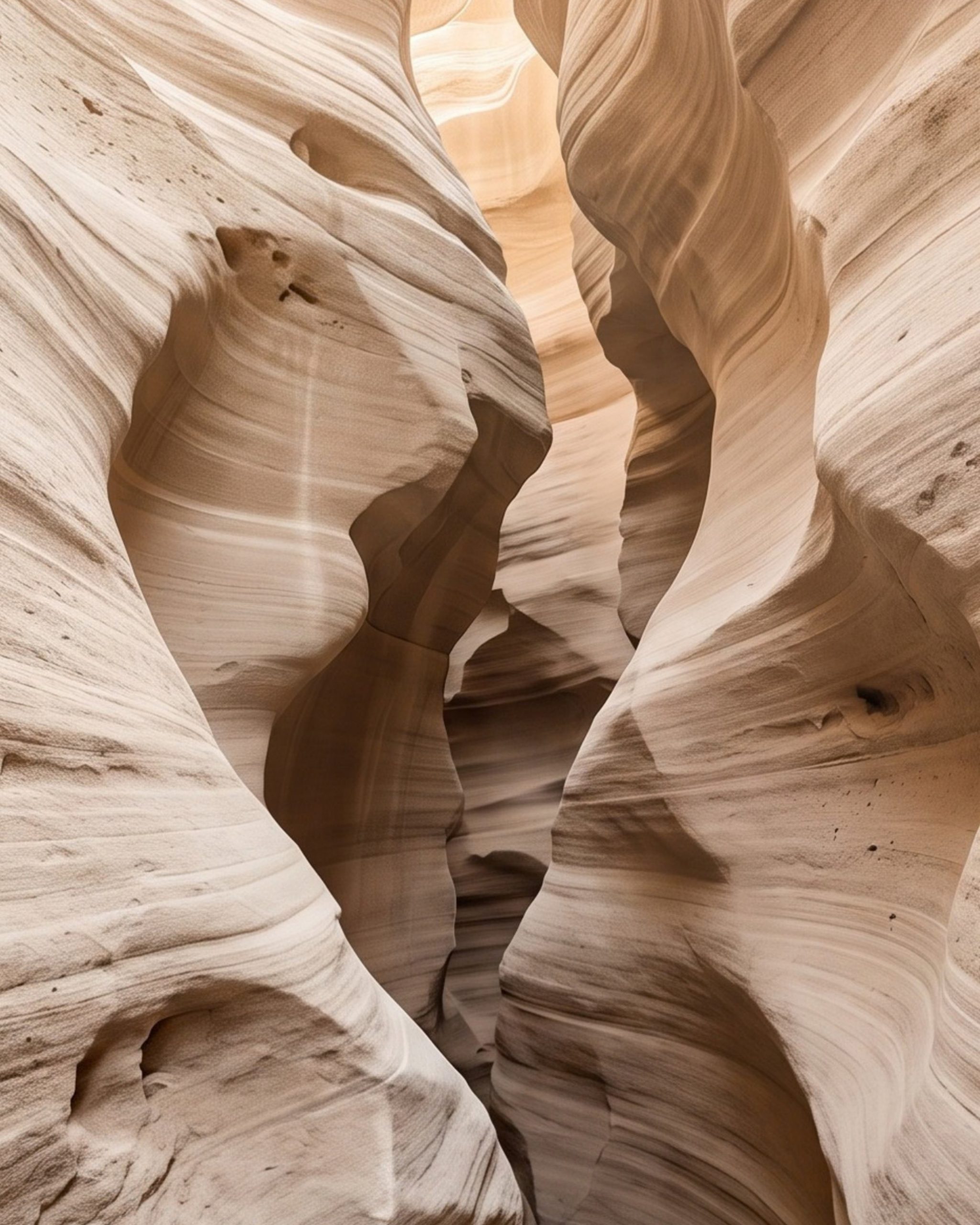 Canyon Passage, a portrait digital artwork looking up through curved, banded sandstone canyon walls towards warm light