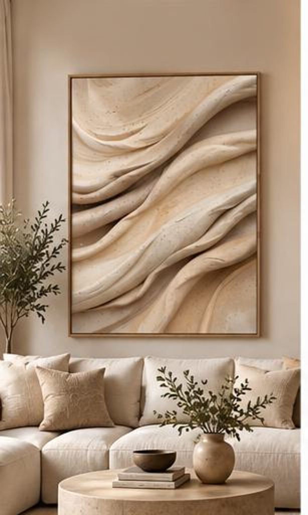 Deep Earth Relief, a portrait abstract artwork with the look of carved sandstone folds in beige, sand and taupe