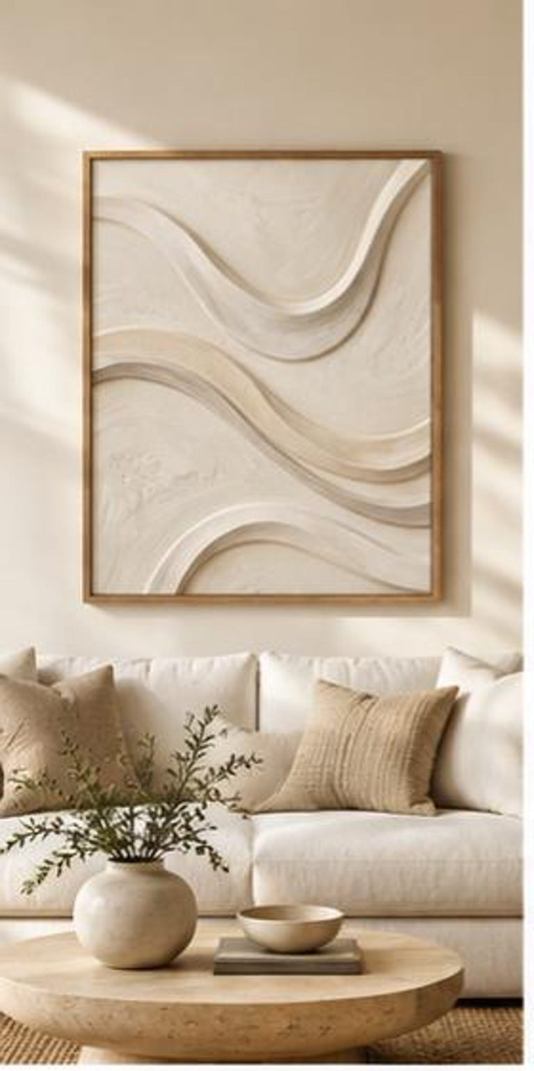 Gilded Strata, a tall neutral abstract artwork of flowing layered bands in ivory, beige, taupe and greige