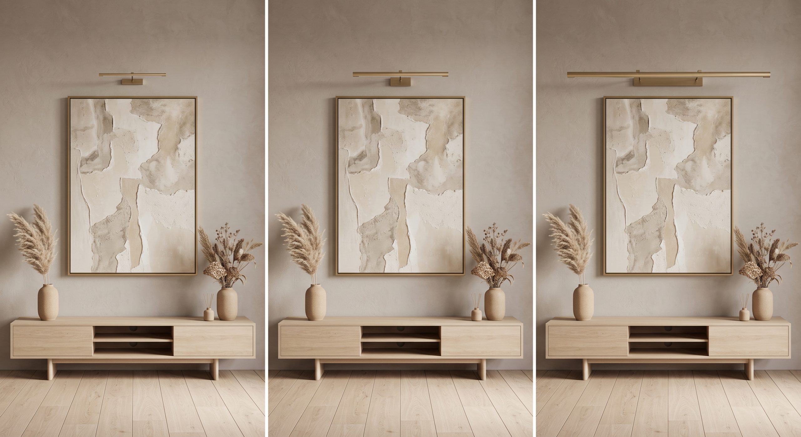 Three framed artworks comparing a picture light that is too small, well proportioned and too large