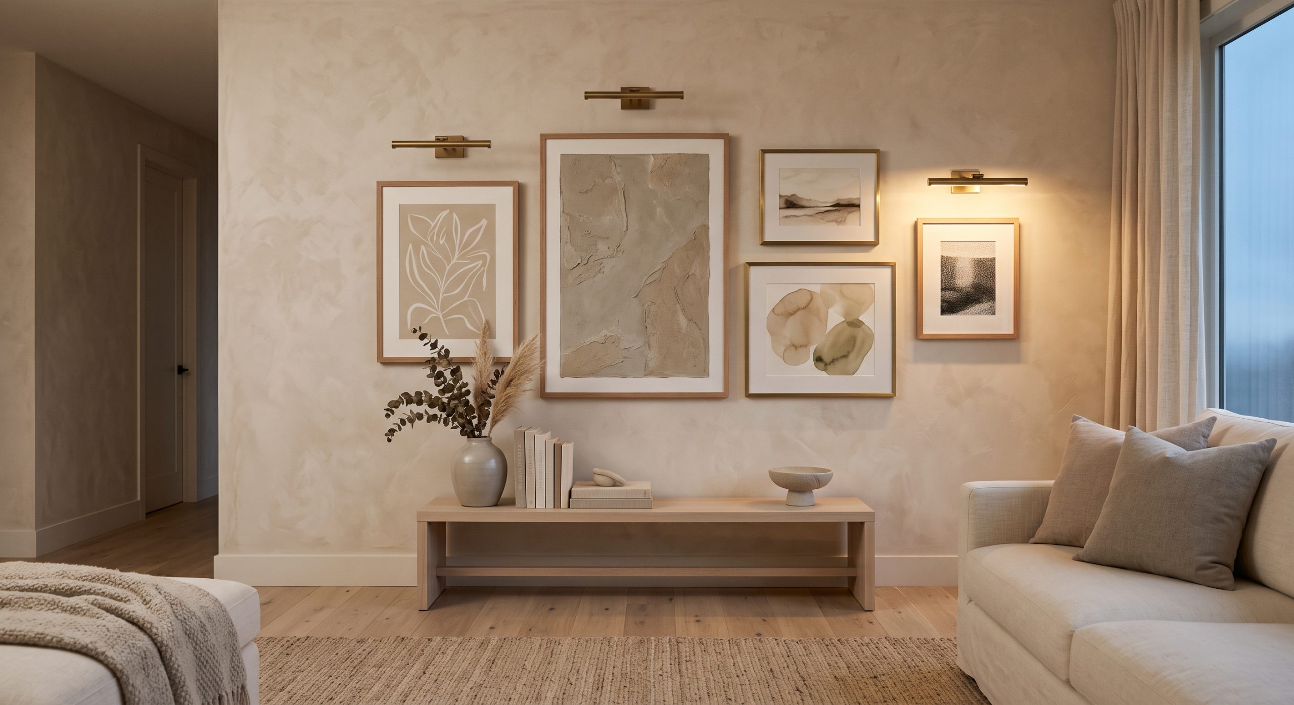 Gallery wall lit by several small matching picture lights