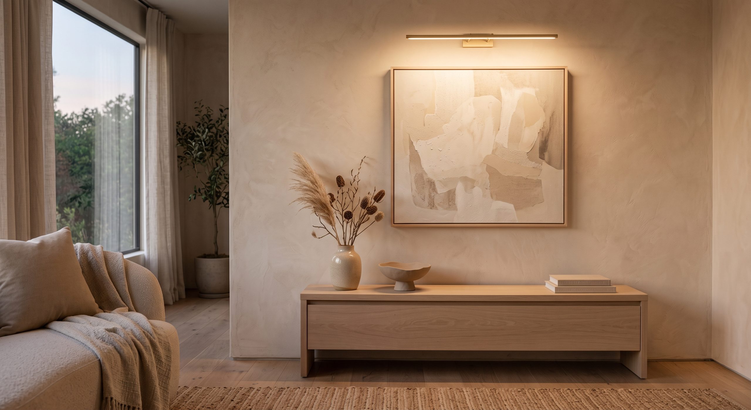 Brass picture light above a medium framed artwork, about two-thirds the width of the frame