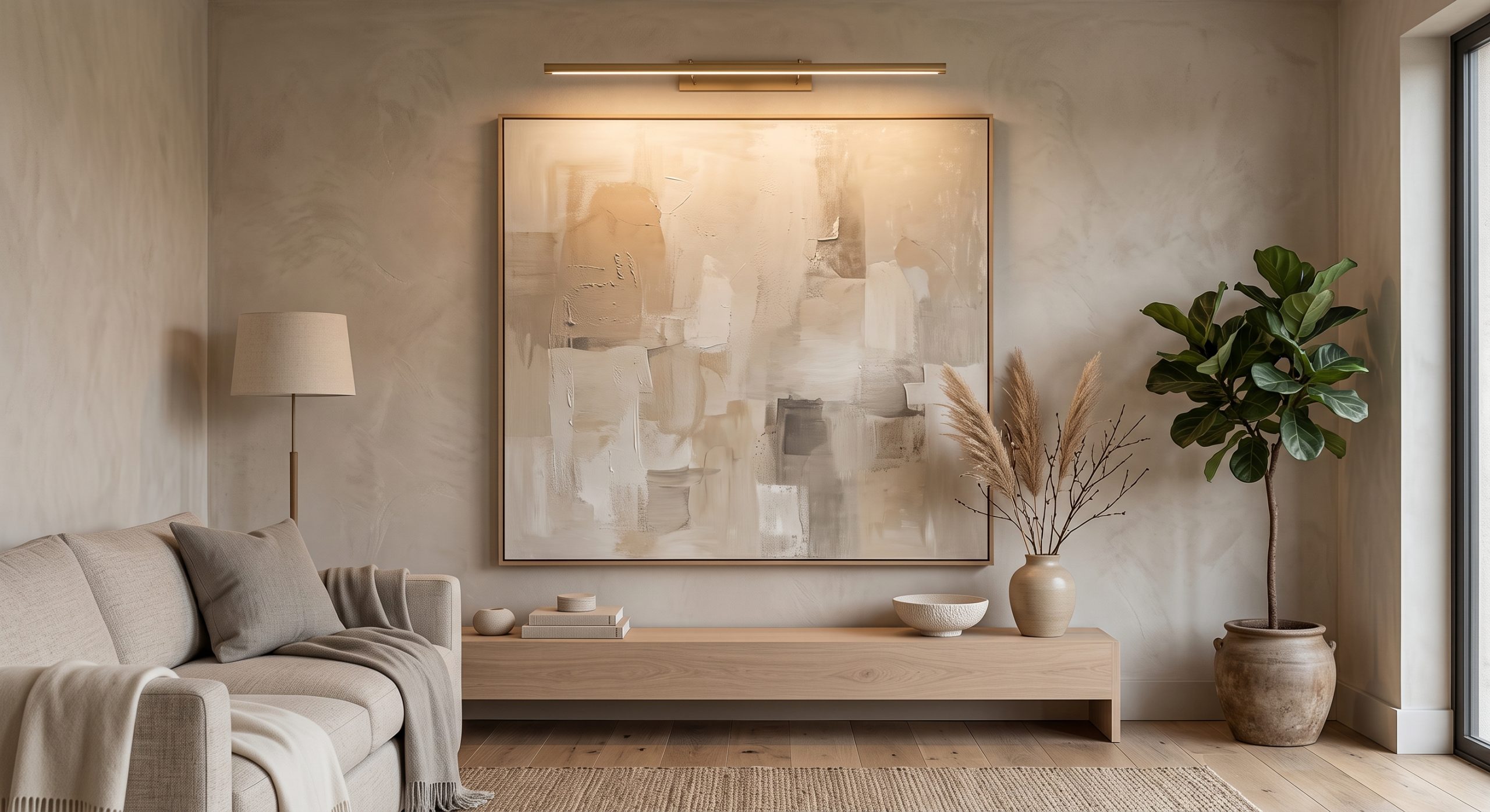 Wide picture light spreading warm light across a large canvas