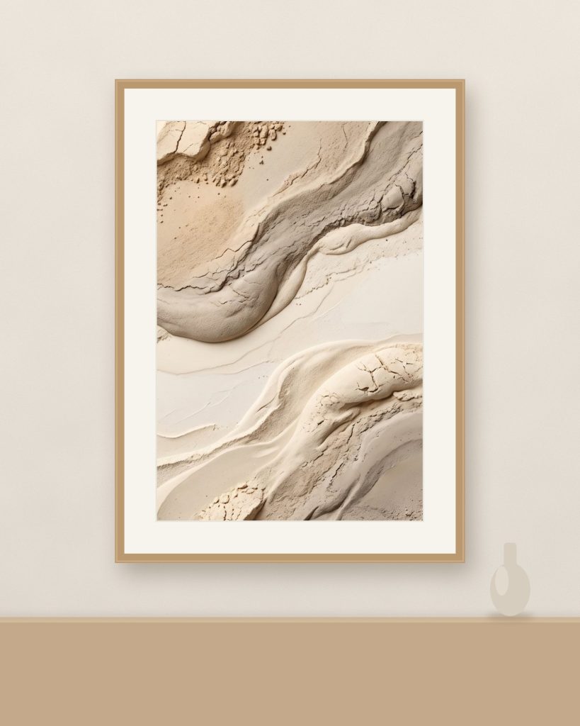 Sandstone Flow Texture in a pale oak frame with a white mount, on a warm limewash wall above a shelf with a stoneware vase