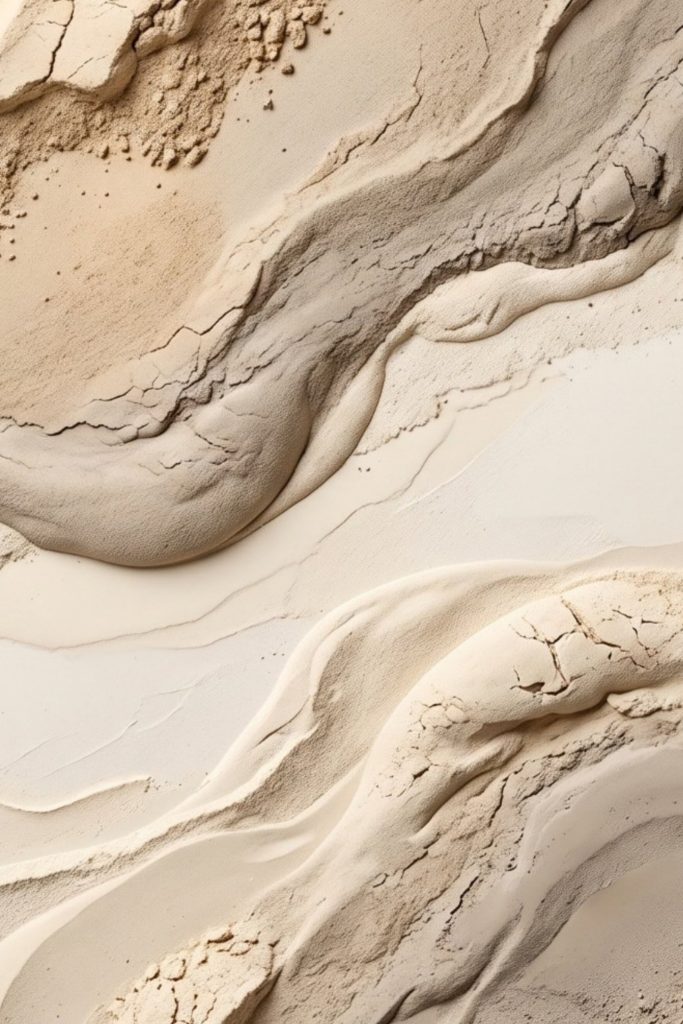 Sandstone Flow Texture, a portrait abstract artwork of diagonal sand-coloured layers with cracked ridges and powdery mineral texture in ivory, beige and taupe