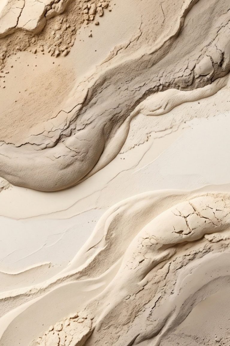 Sandstone Flow Texture, a portrait abstract artwork of diagonal sand-coloured layers with cracked ridges and powdery mineral texture in ivory, beige and taupe