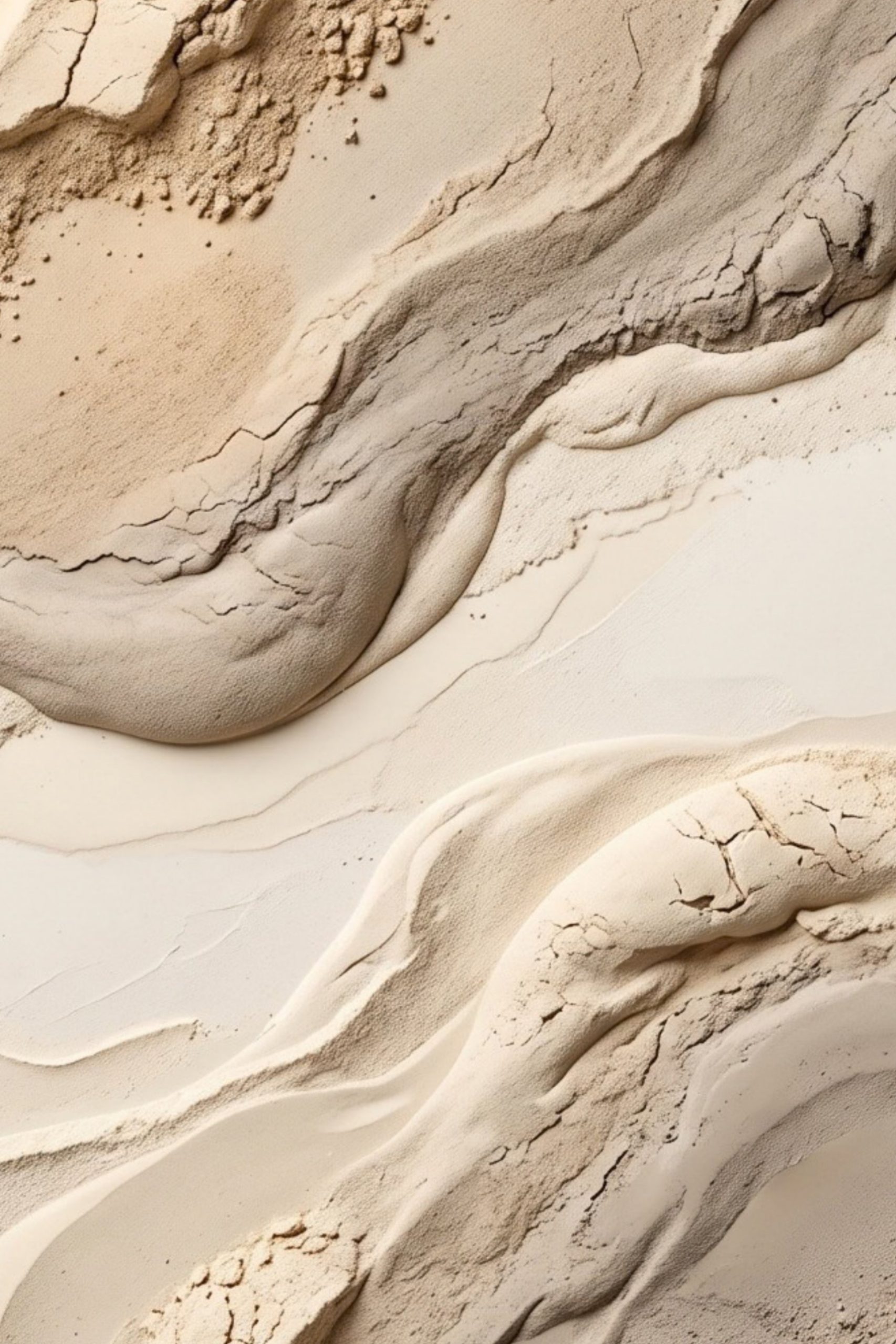 Sandstone Flow Texture, a portrait abstract artwork of diagonal sand-coloured layers with cracked ridges and powdery mineral texture in ivory, beige and taupe