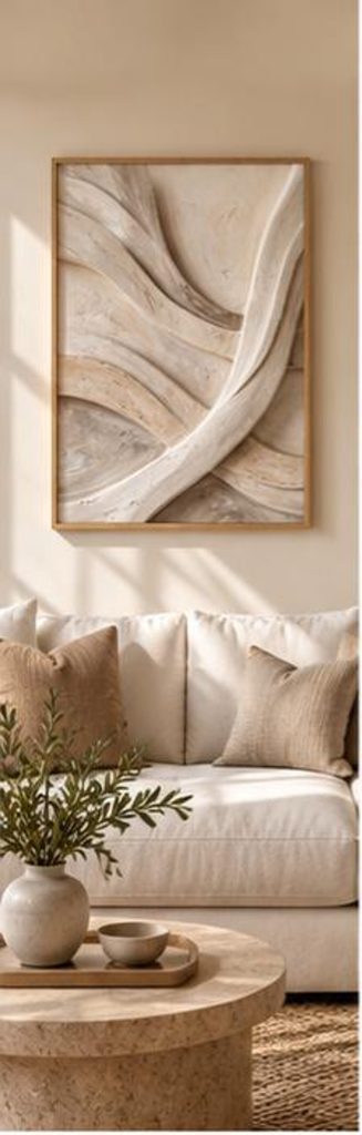 Soft Sand Contours, a tall slim beige artwork of smooth sculptural curves in ivory, greige and stone