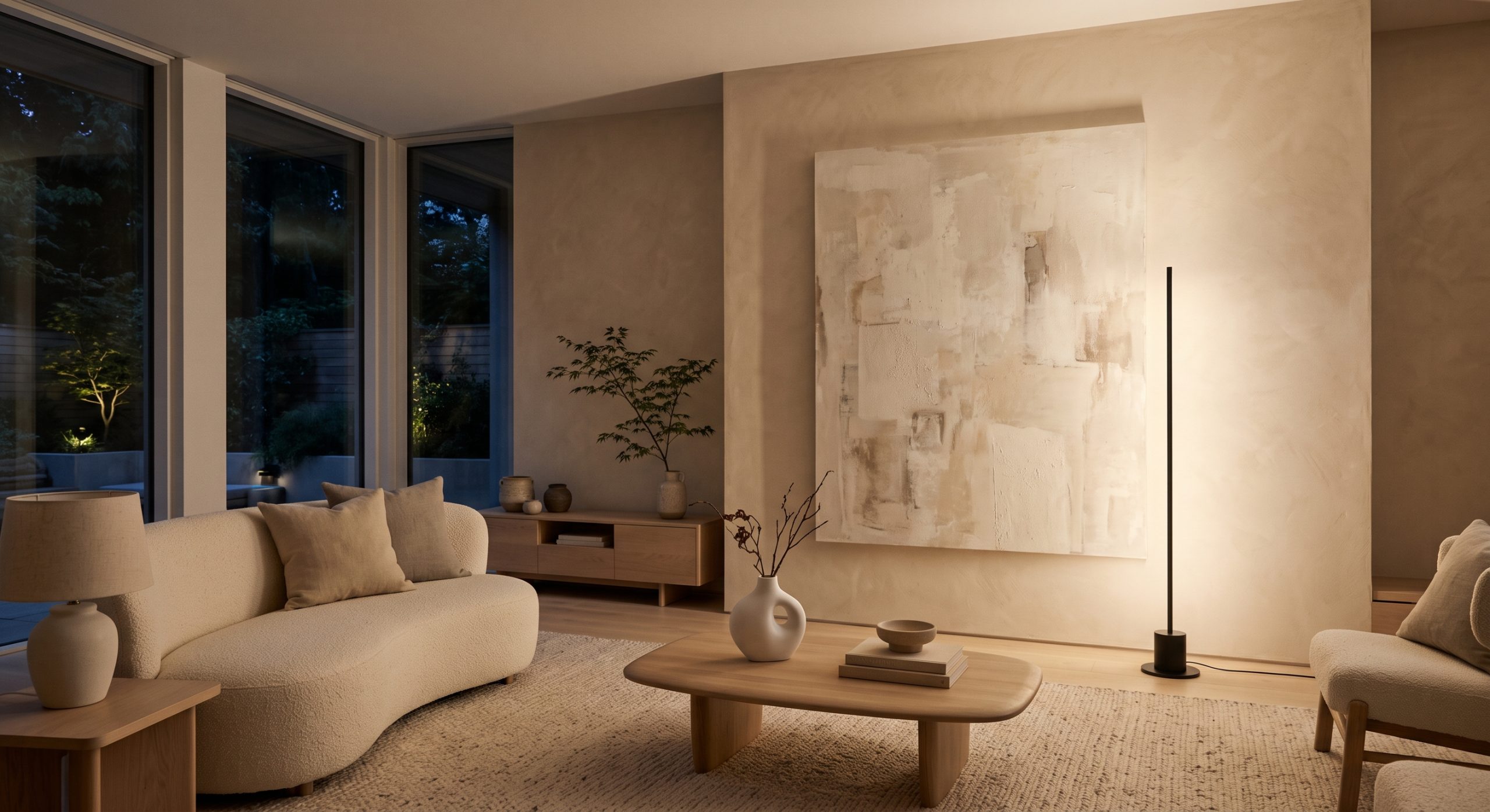 Ambient uplighting washing a feature wall around large artwork
