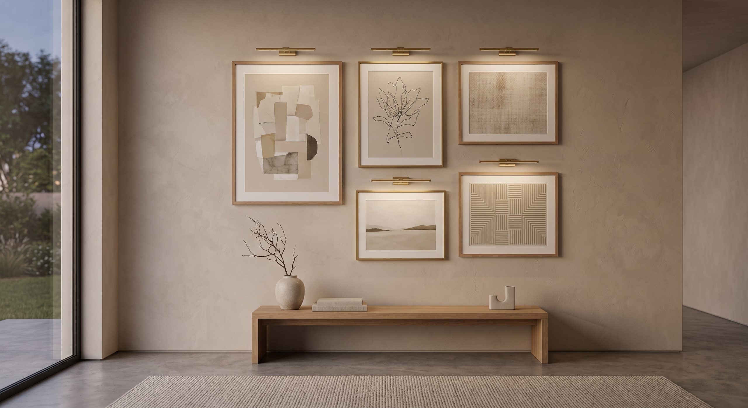 Gallery wall lit with small matching wireless lights